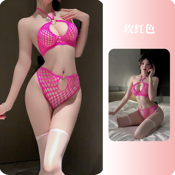 YueDie Seductive Lingerie Set - OL Style Pure & Tempting Bodycon Dress with Lace Stockings - 2609 Rose Red ◆ Alluring Web Design ◆ [Bra + Panties Set]