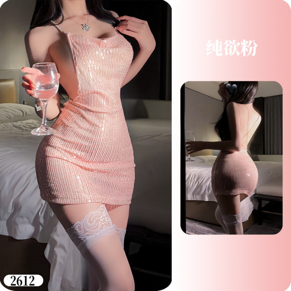 YueDie Seductive Lingerie Set - OL Style Pure & Tempting Bodycon Dress with Lace Stockings - 2612 Peach Pink ◆ Peach Capture ◆ [Pajama Item]