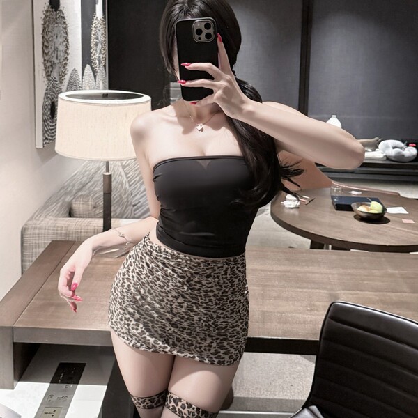 Manny Night Leopard Print Lingerie Set - Seductive Matching Bra & Skirt Sleepwear for Women - Leopard print (socks not included)