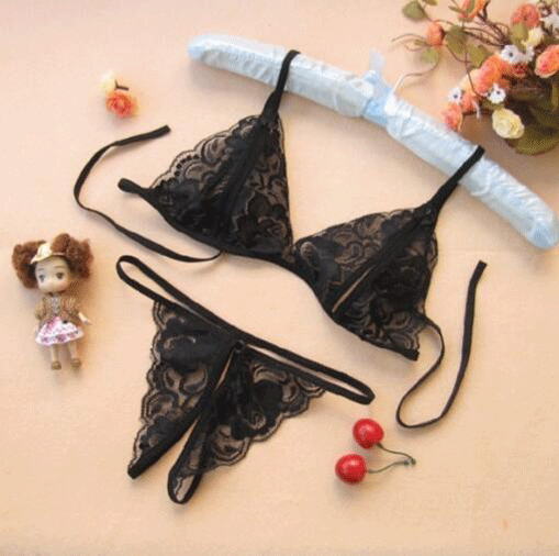 Qingran Lace Thong Bra Set - Sheer Open-Crotch Erotic Lingerie Two-Piece Outfit for Women - black