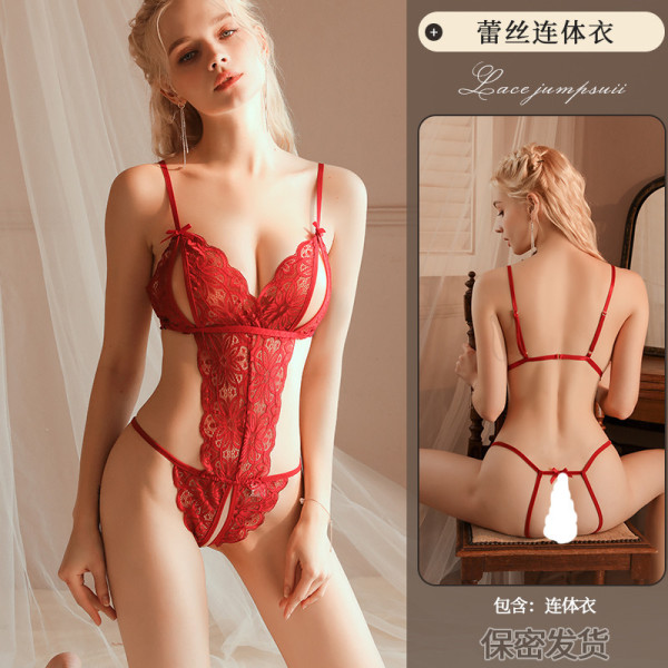 Qingran Sexy Lace Bodysuit for Women – Alluring Sheer Uniform Set with Cut-Out Details & Sensual Design - Claret