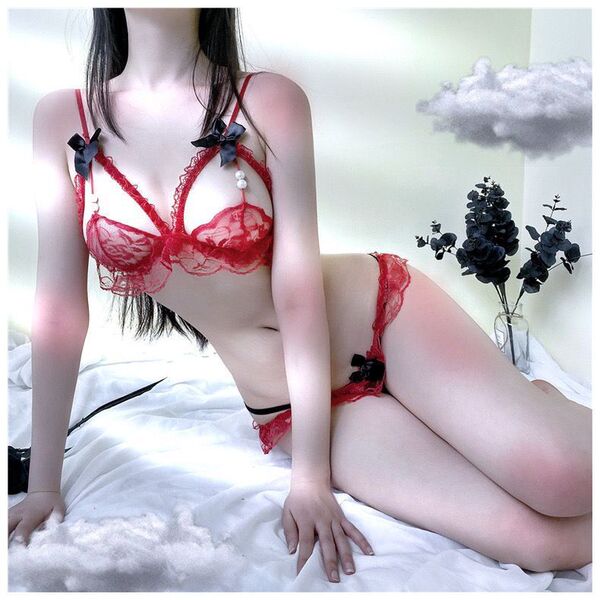 Qingran Sensual Lingerie Set for Women – Pearl-Embellished Bikini Thong & Matching Bra Passion Outfit - Red and white fishnet stockings