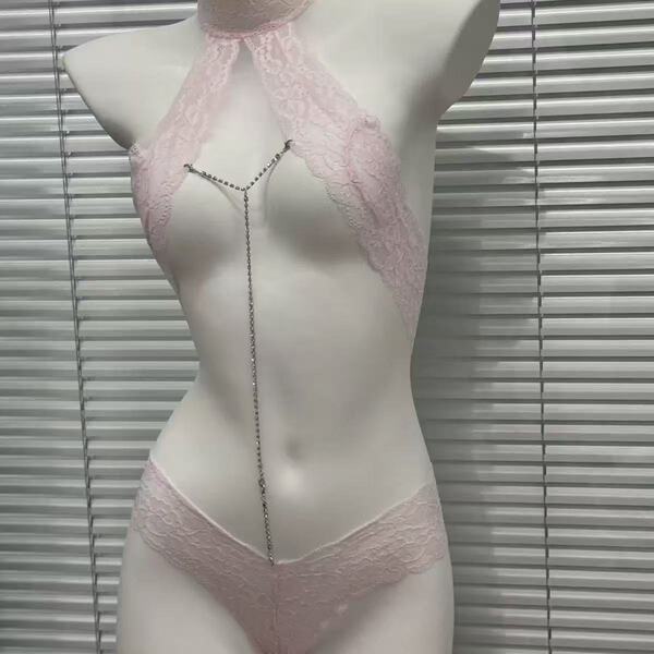 Qingran Sexy Lace Bodysuit with Detachable Rhinestones - Hook-Neck Erotic Lingerie for Women - Pink (socks not included)