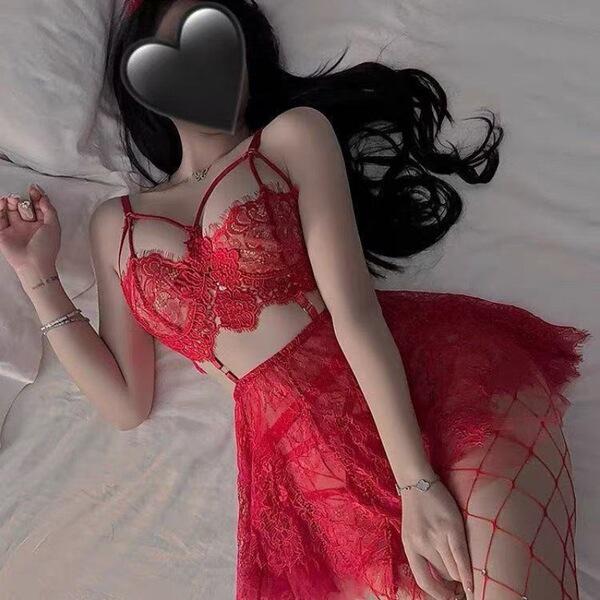 Woman in red lace lingerie set with no-remove bra and matching outfit, styled for small to plus sizes.