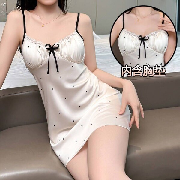 Sexy Lace Deep V Babydoll Nightgown - Flirty Sheer Mesh Sleepwear with Bow Detail for Small Bust Enhancement - 2714 polka dots