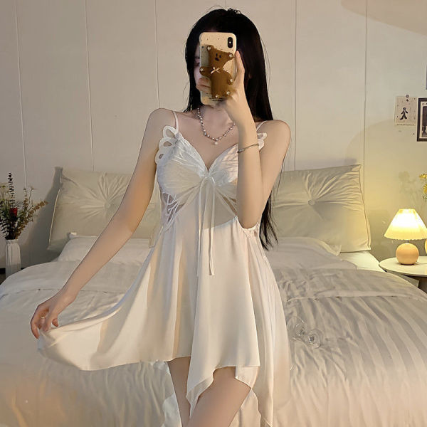 Women's Summer Ice Silk Sleep Dress with Bow & Backless Cutout - Sexy Lounge Set - White