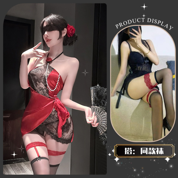 JinXiao Rose Lace Lingerie Set with Ties & Beads – Seductive Pure-Yu Style Erotic Underwear for Women - Manyi Xiaogui~ + Matching Socks