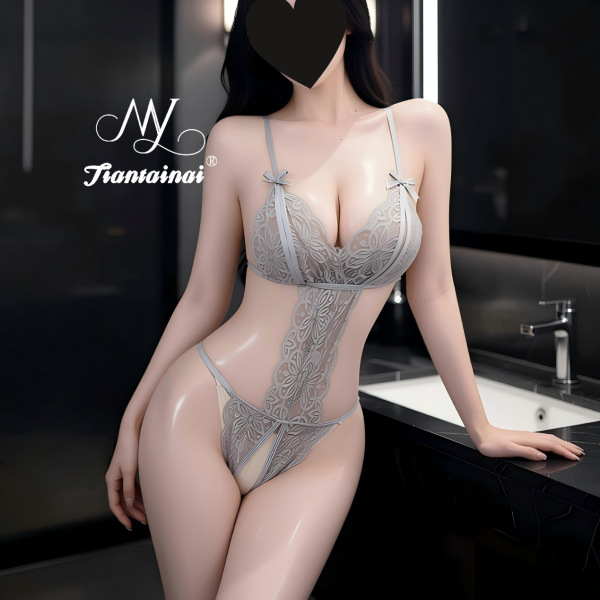 Sexy Lace Bodysuit for Women - Seductive Sheer Cut-Out Lingerie Set, Pure & Tempting Adult Costume Outfit - Gray and black fishnet stockings