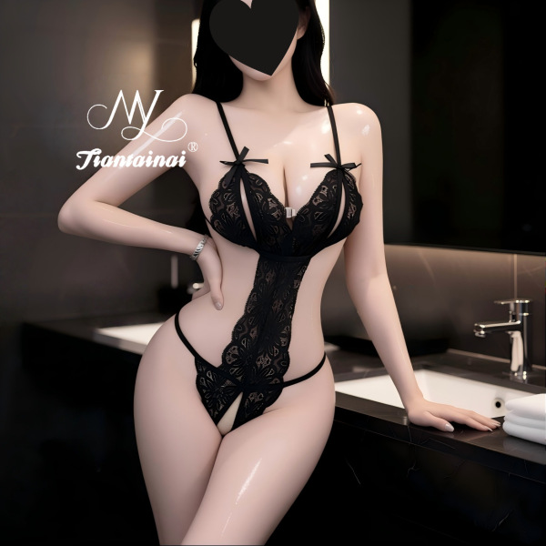 Sexy Lace Bodysuit for Women - Seductive Sheer Cut-Out Lingerie Set, Pure & Tempting Adult Costume Outfit - Black + Black Stockings