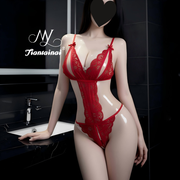 Sexy Lace Bodysuit for Women - Seductive Sheer Cut-Out Lingerie Set, Pure & Tempting Adult Costume Outfit - Burgundy + Red Silk
