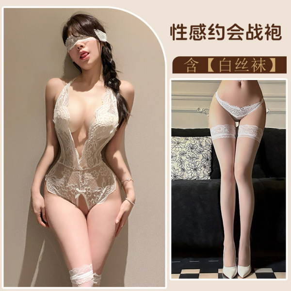 Seductive Lace Lingerie Set - Sexy Sheer Sleepwear with Removable Cups & Garter Stockings for Women - White + white stockings