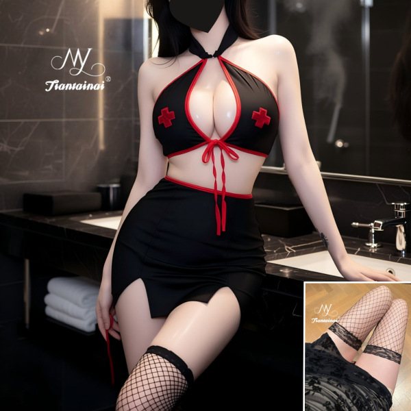 Sexy Nurse Costume for Women - Seductive Role Play Lingerie Set with Halter Neck Design - Black + Black Fishnet Stockings