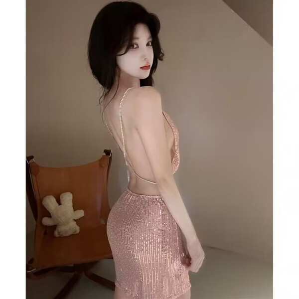 Sexy Shiny Nightclub Lingerie Sleep Dress - Sheer Backless Provocative Sleepwear Set, No-Remove Design - pink