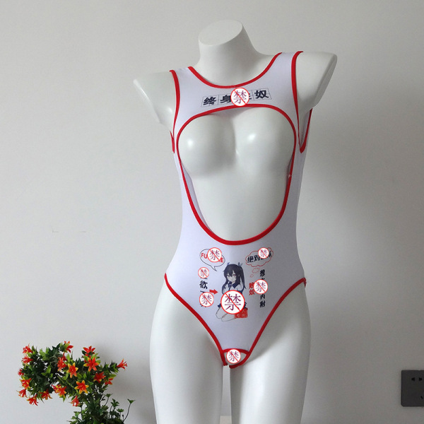 Suoqing Sexy Lingerie Bodysuit - Sheer Mesh Cut-Out Open-Back Open-Crotch High-Stretch Swimwear Style Outfit - red