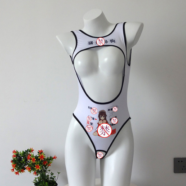 Suoqing Sexy Lingerie Bodysuit - Sheer Mesh Cut-Out Open-Back Open-Crotch High-Stretch Swimwear Style Outfit - black