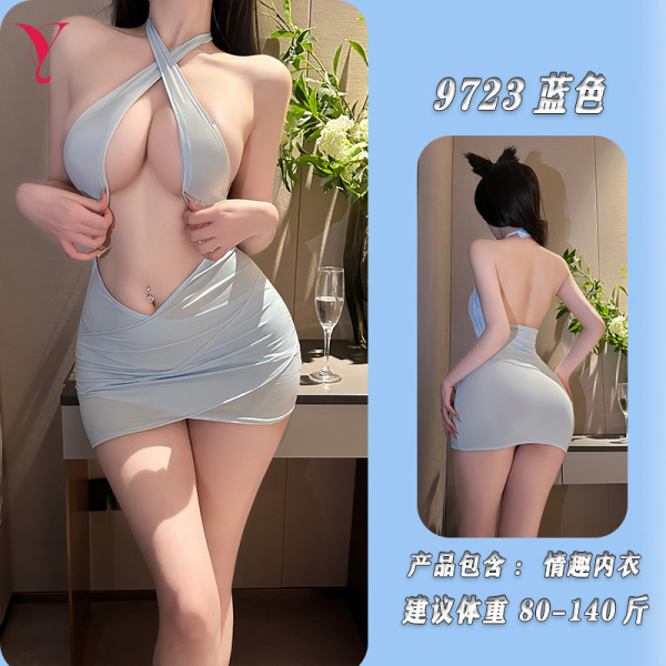 Night Silk Sensual Sheer Bodycon Nightdress - Backless Tempting Sleep Dress with Chest Cutout - Blue dress + T-shirt + matching stockings