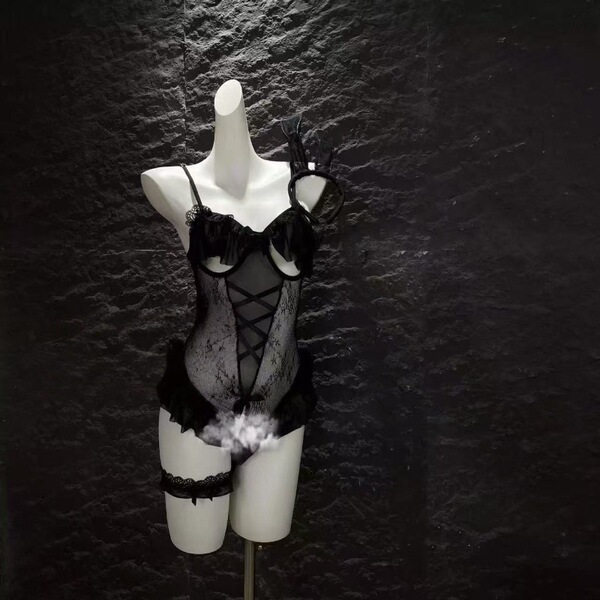 Sexy Bunny Costume Set - Sheer Temptation Lingerie Outfit with Open-Crotch & Cut-Out Top for Adults - black