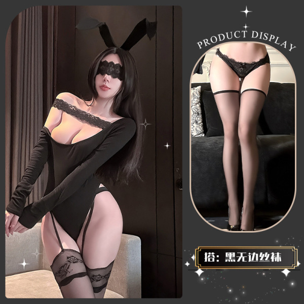 Chaomu Temptation Lingerie - Pure-Yet-Sensual Lace Bodysuit, Off-Shoulder Elegant Erotic Underwear - Lulu's bare shoulders + black brimless stockings
