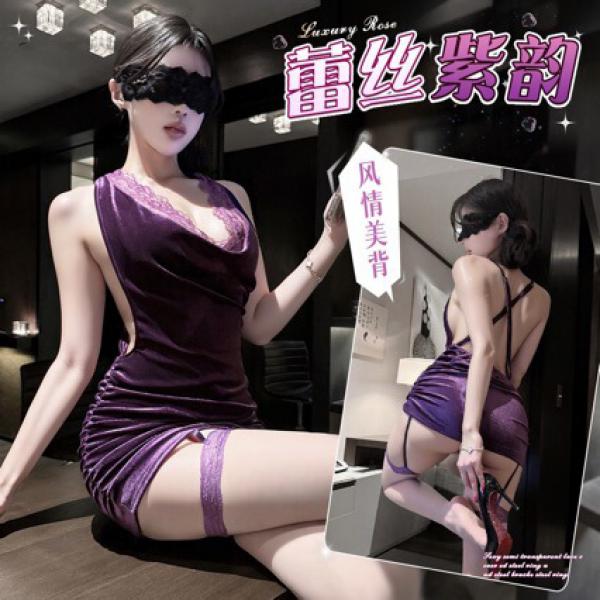 Woman in purple velvet bodycon lingerie set with lace trim, featuring a seductive sleepwear uniform design and matching thigh...