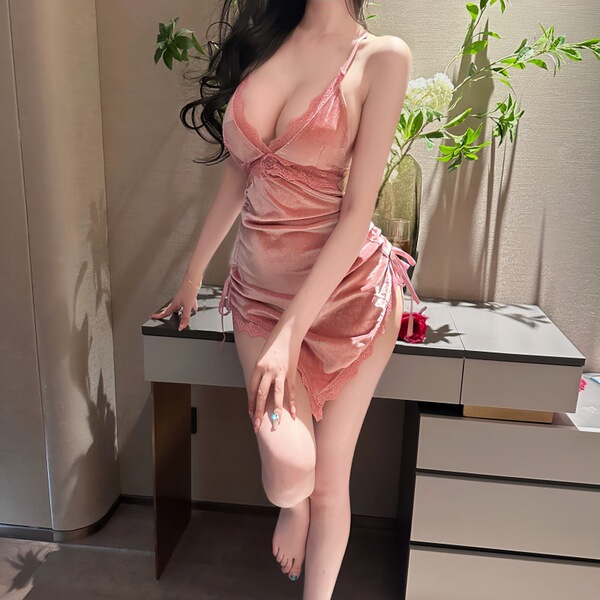 Feiniao Moon Gazing Sexy Qipao Sleep Dress - Deep V, Asymmetrical Hem, Pure & Spicy Lingerie Nightgown - pink