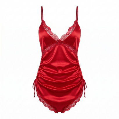 Red satin feiniao moon gazing sleep dress with lace trim, deep v-neck, and asymmetrical hem.