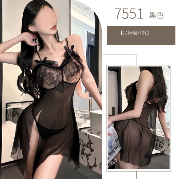 Women's Lace Butterfly Knot Sexy Mesh Slip Dress - Seductive Date Night Sleepwear Set - black