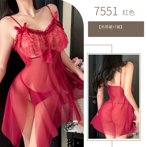 Women's Lace Butterfly Knot Sexy Mesh Slip Dress - Seductive Date Night Sleepwear Set - red