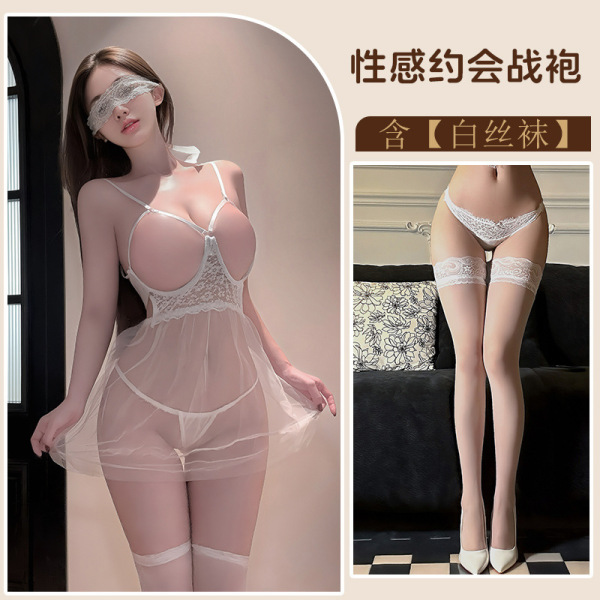 Pure Temptation Lacy Sheer Nursing Lace Bra Set – Sensual See-Through Mesh Intimate Lingerie for Women - White + white stockings