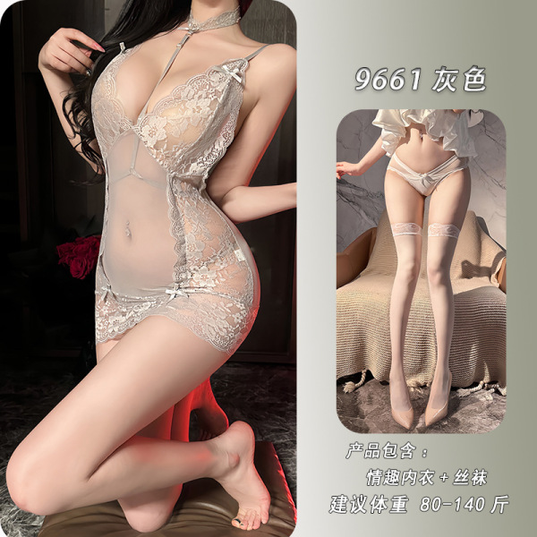 NightSi NightSe Sheer Mesh Lace Camisole Sleep Dress – Sexy Deep V-Band Sleepwear for Women - Gray + matching stockings