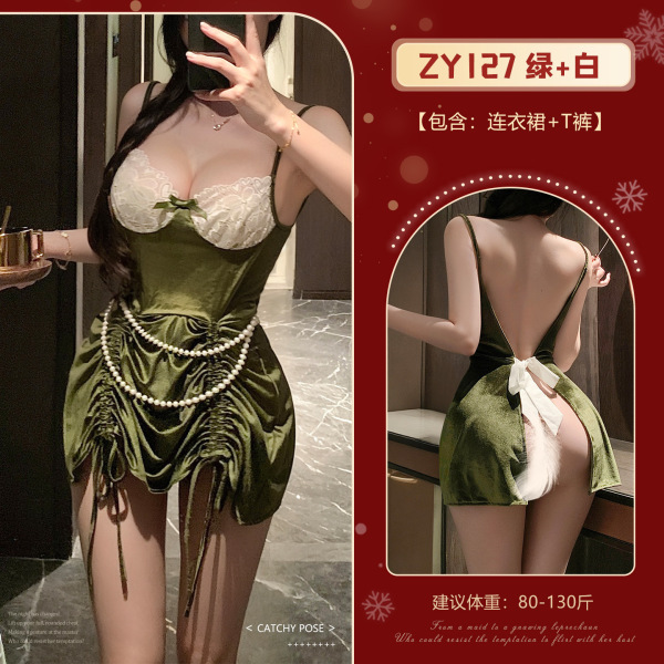 Christmas Vintage Velvet Lace Deep V Sexy Sleep Dress – Retro Erotic Nightwear for New Year - Green + White