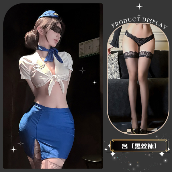 Golden Night Air Hostess Lingerie Set - Sexy Uniform Style Bodysuit with Sheer Mesh & High-Waisted Skirt - Xiaoyun Lianmian*Blue + Black Stockings