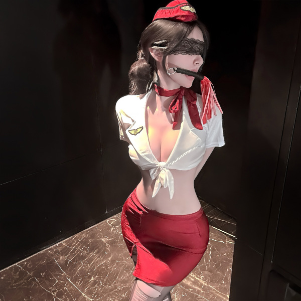 Sexy golden night air hostess lingerie set featuring a sheer mesh bodysuit, white tie-front top, and red high-waisted skirt.