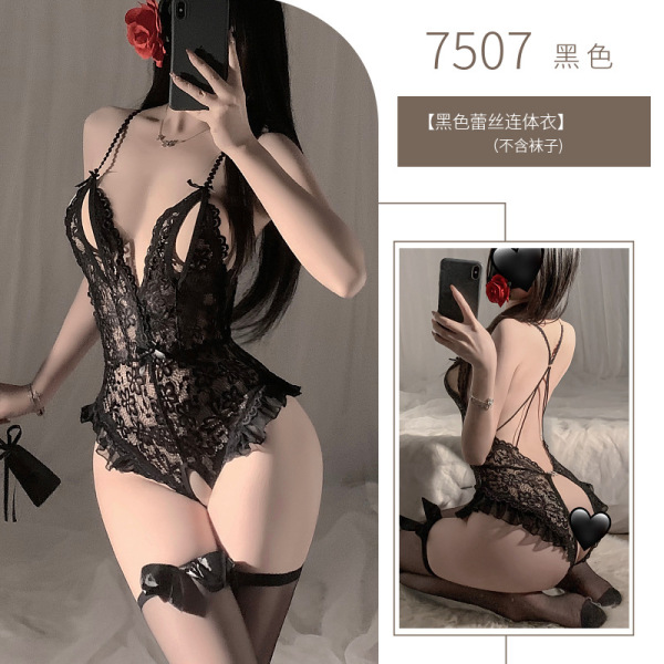 Sensual Lace Open-Crotch Bodysuit for Women – Sheer Temptation Sleepwear, No-Remove Design, Tight-Fit Erotic Lingerie - black