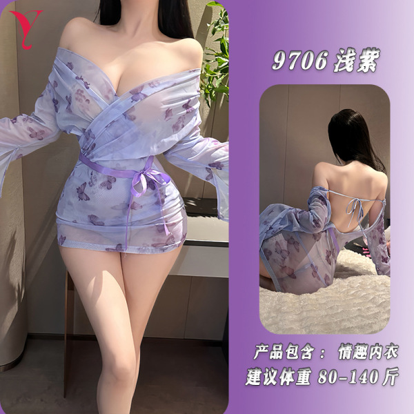 Butterfly Print Kimono-Style Lingerie Robe - Sheer Seductive Sleepwear with Open-Front Pure-Desire Design - Light purple + matching stockings
