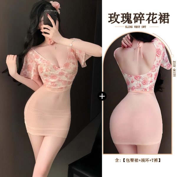 Sexy Lace Deep V Floral Sheer High-Waist Bodycon Dress Set - Plus Size Erotic Lingerie Outfit - Pink bodycon skirt + choker + thong + white stockings