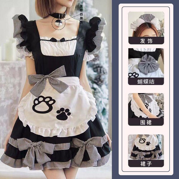 Pure & Alluring Cat-Themed Maid Costume - Sexy Lolita Bunny Girl Dress Set for Cosplay - Catgirl black dress + apron + headdress + bell necklace + 3 bows