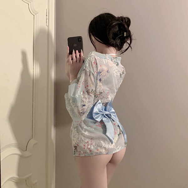 Japanese kimono-style embroidered lace sleepwear set - sheer sexy 3-piece lingerie outfit featuring floral patterns and a bow...