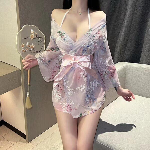 Japanese-style sexy lace kimono robe set - sheer chiffon 3-piece outfit with floral embroidery for women, featuring delicate ...