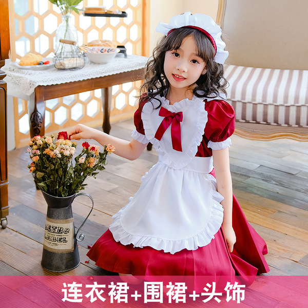Japanese Girl Black Maid Dress - Cute Lolita Princess Costume for Kids & Toddlers - Style 4111: Red 3-piece set + white socks with red bow