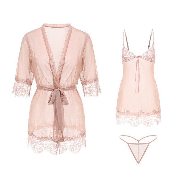 Sensual sheer lace sleepwear set featuring a robe, camisole, and thong in soft pink. modest yet alluring 3-piece lingerie out...