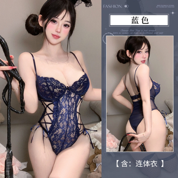 Pure Desire Lace Bunny Costume for Women – No-Remove Sheer Cutout Bodysuit with Floral Trim & Open Chest Design - Blue + 3000 Black + 2375 Black Hairband