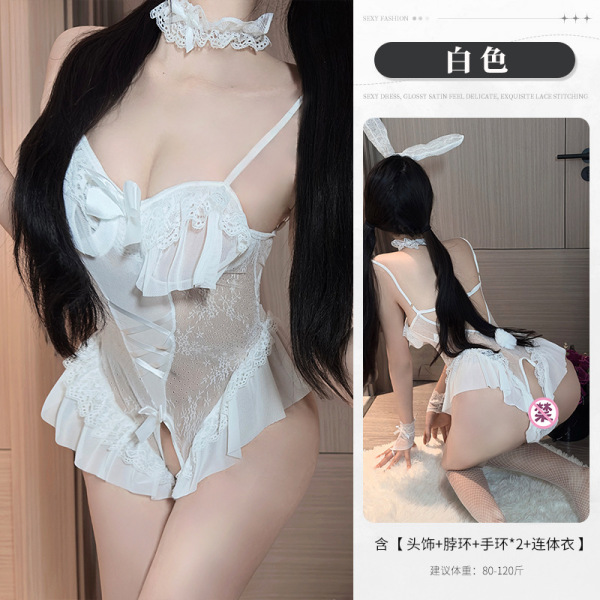 Sexy Cat Bunny Girl Costume - Flirty Ruffle Bodysuit with Sheer Lace, Cute & Alluring Lingerie Set - White + 3000 White
