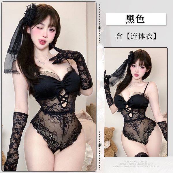 Pure & Seductive Lace Bodysuit - Sheer Mesh Sensual Lingerie with Open-Crotch Design for Effortless Allure - Black + 3005 Black