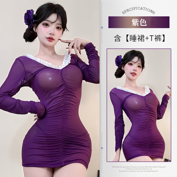 Women's Luxury Deep V Lace Sheer Bodycon Sleep Set - Seductive No-Remove Lingerie Dress 8374 - Purple +3005 Purple