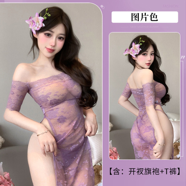 Pure & Seductive Sheer One-Shoulder Qipao Lingerie Set - No-Remove Rearless Temptation Outfit - Image color + 3005 purple