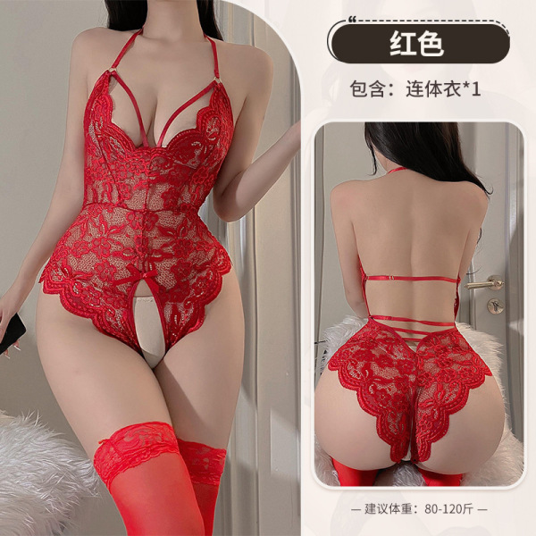 Qingruohan Women's Seductive Lace Bodysuit - Sheer Sexy Sleepwear, No-Remove Tease Lingerie Set 8014 - Red +3005 Red