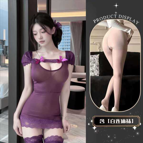 QQNY Pure Allure Sleepwear Set – Elegant Sensual Lingerie for Women, Luxury Bedroom Loungewear - Dress + white open-crotch socks