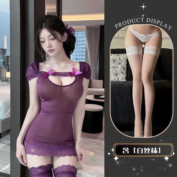 QQNY Pure Allure Sleepwear Set – Elegant Sensual Lingerie for Women, Luxury Bedroom Loungewear - dress + white stockings