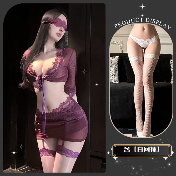 QingShe Lace Nursing Lingerie Set – Pure & Tempting Bondage-Inspired Sensual Underwear for Women - Grapes falling like tears ~ white fishnet stockings