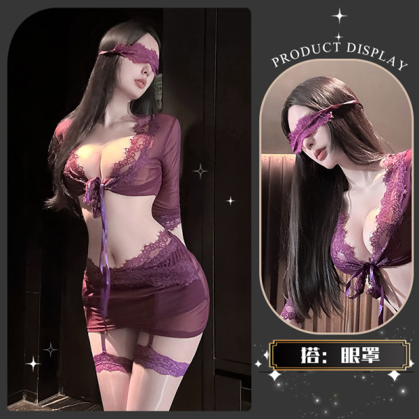 QingShe Lace Nursing Lingerie Set – Pure & Tempting Bondage-Inspired Sensual Underwear for Women - Grape tears falling~ + eye mask